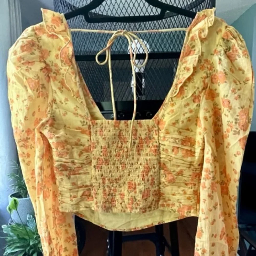 Free People Yellow Floral Print Blouse Ruffles Ruching Balloon Sleeve Small NWT